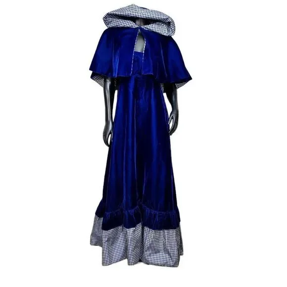 Vintage 70s 80s Union Made Blue Velveteen Maxi Dress Hooded Mantle Set Gingham